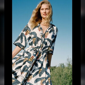 DESMOND & DEMPSEY H&M S Linen-Blend Kaftan Midi Belted Button Up Tropical Dress